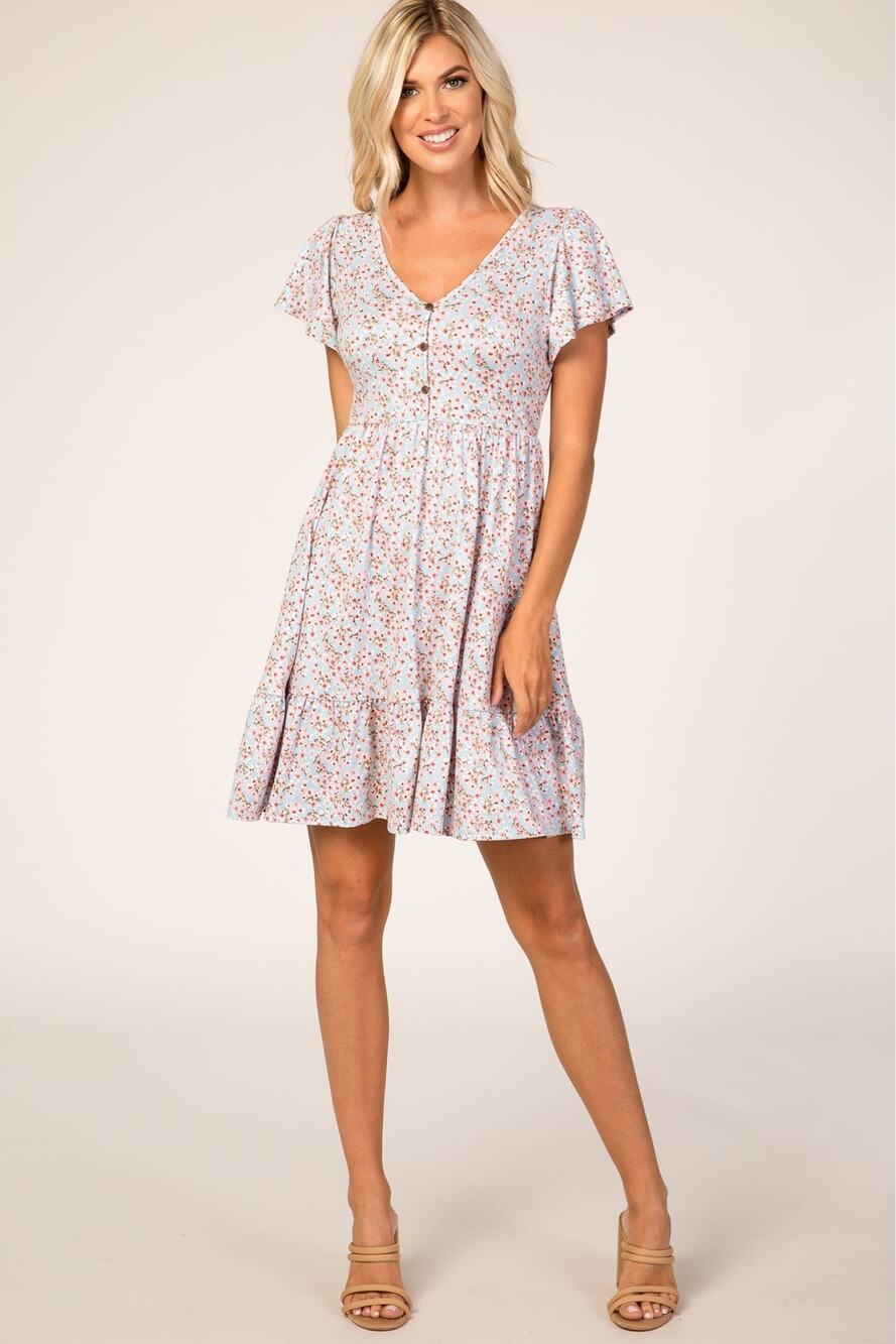 Pink Blush Blue Pink Floral Print V Neck Ruffle Accent Tiered Mini Dress Medium